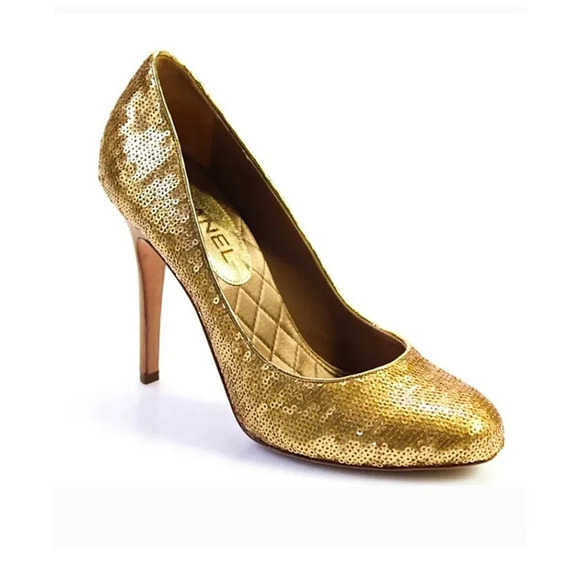 CHANEL Shoes - CHANEL Quilted Sequin Satin round toe gold celebrity heels size 6.5
